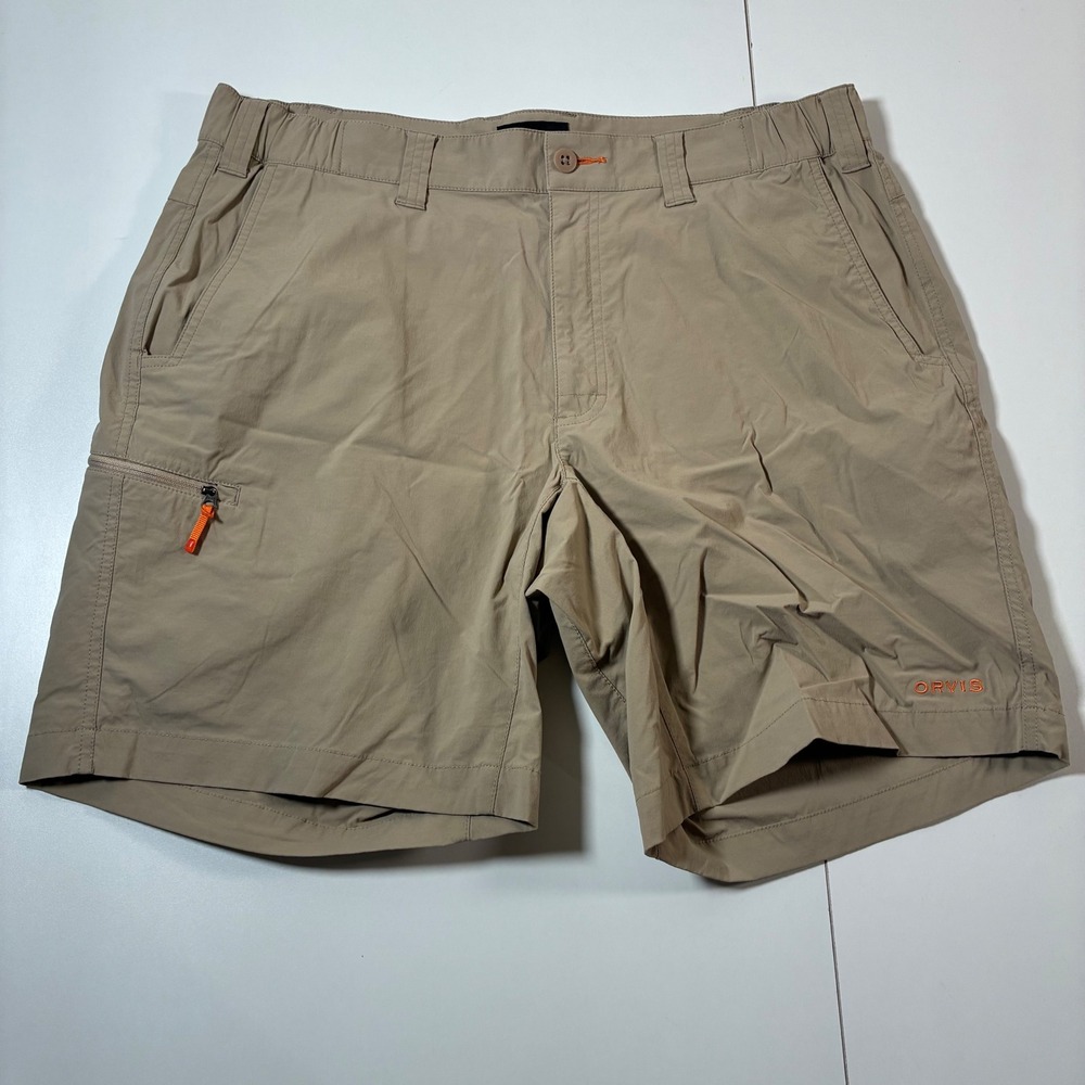 Orvis Performance Shorts Large 37 9" Beige Nylon Blend Stretch Hiking Fishing